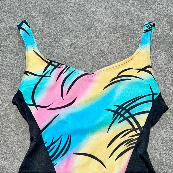 L 11/12 VTG 80’s Avon Fashion Pastel Black High Cut Aerobics One Piece Swimsuit - Picture 3 of 12